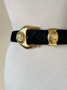 Vintage 90s Black Genuine Suede Wide Belt with Gold Tone Cameo Faces Buckle